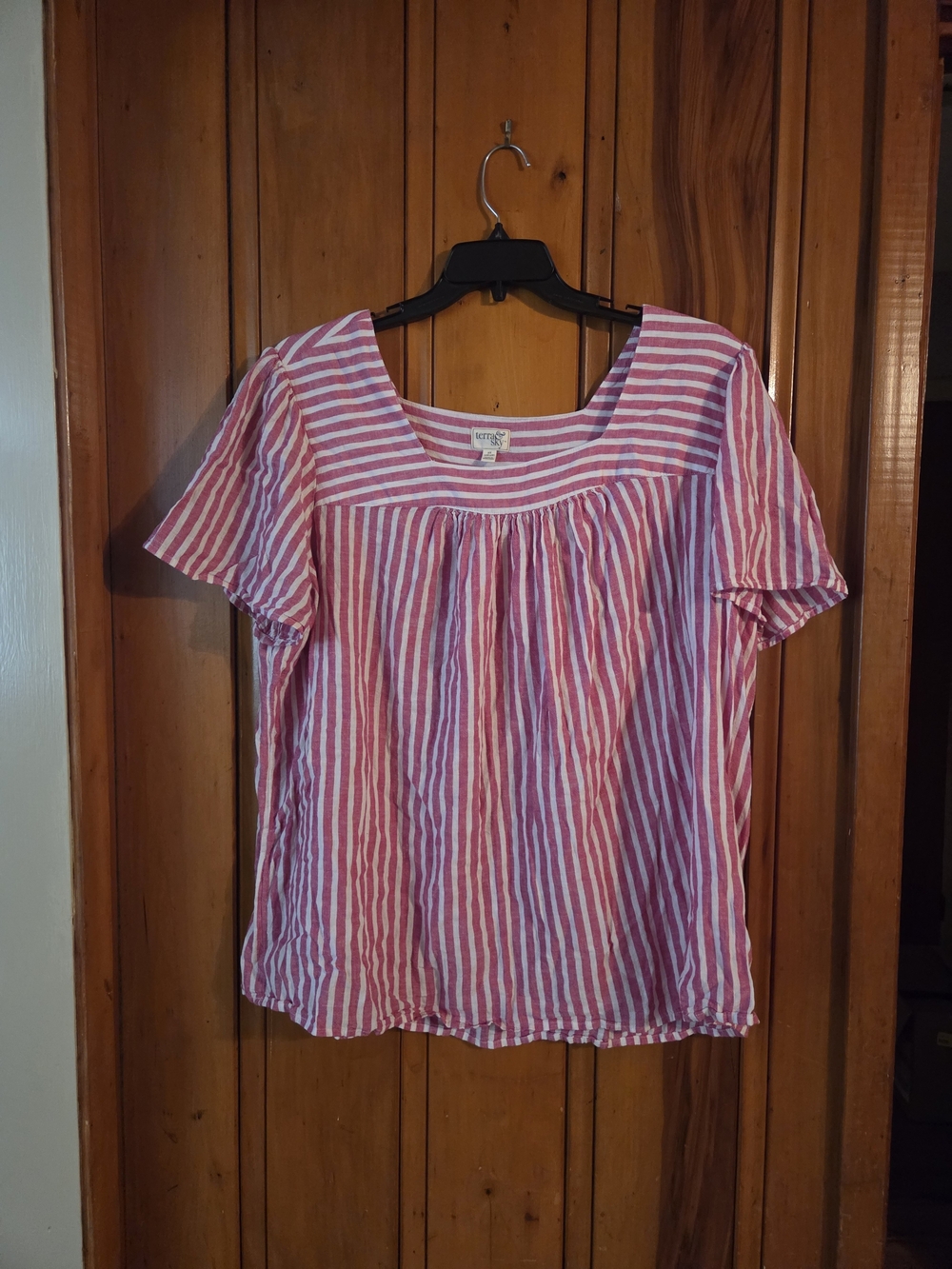 Terra & Sky Pink and White Striped Short Sleeve Blouse